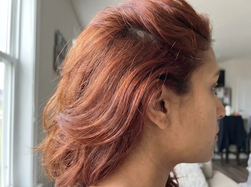 After 90 days — side, auburn hair