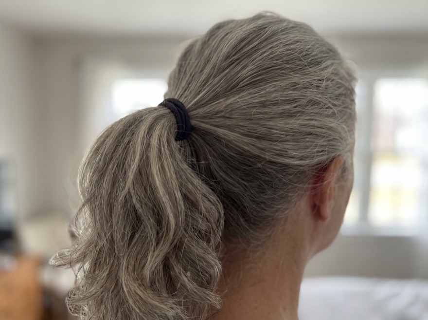 After 90 days — ponytail, silver hair