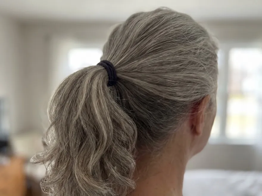 After 90 days — ponytail, silver hair