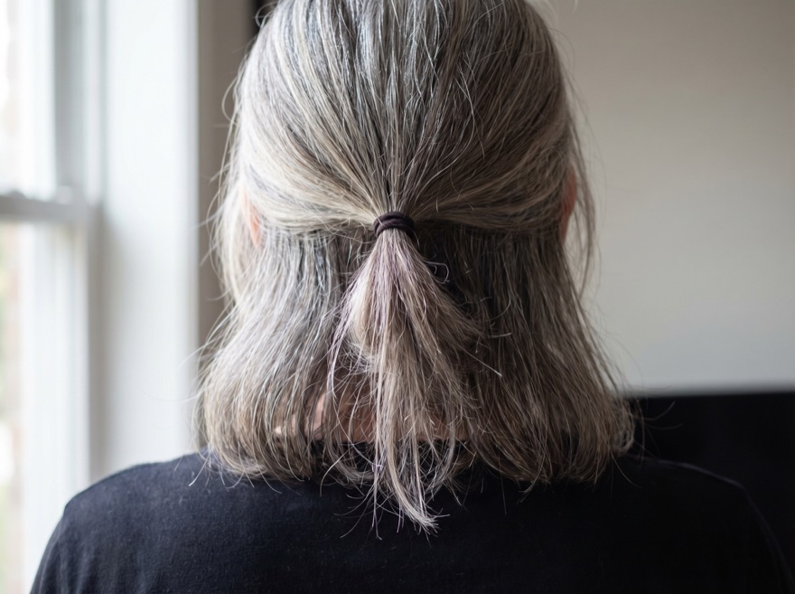 Before — ponytail, silver hair