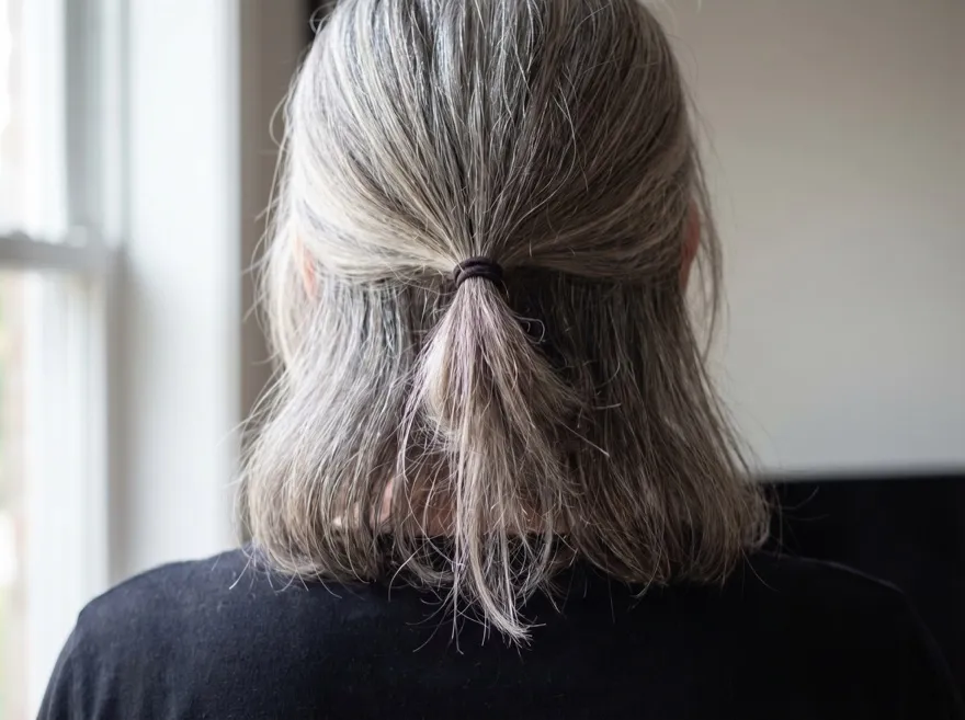 Before — ponytail, silver hair